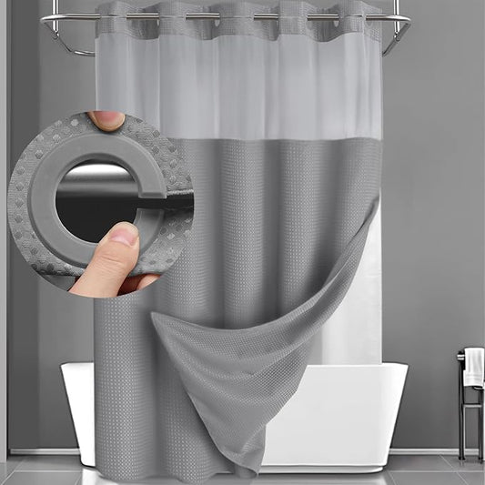 YellyHommy No Hook Shower Curtain with Snap in Liner Set Less Time Grey Waffle Shower Curtain for Bathroom 75" L x 72" W Gray