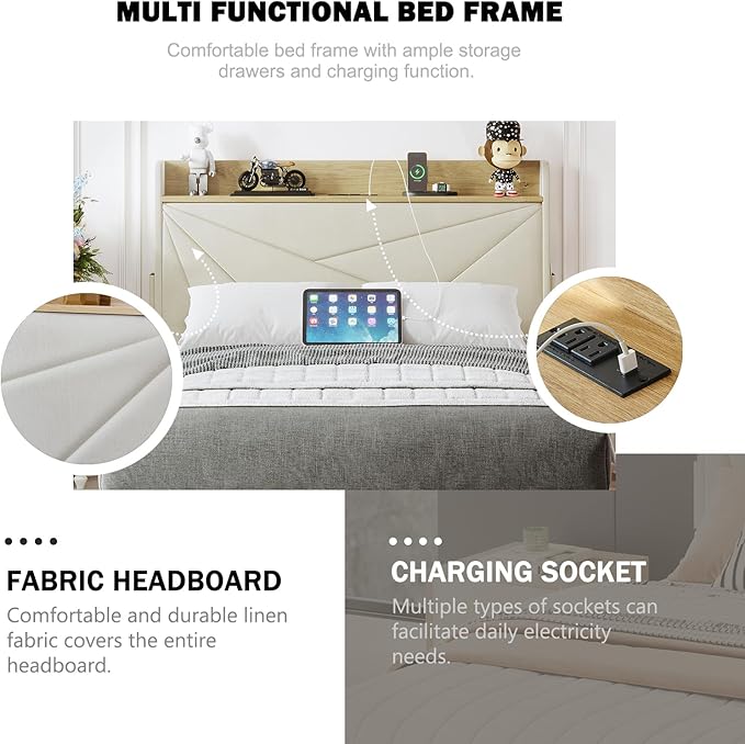 Full Size Bed Frame with 3 Drawers, Upholstered Bed Frame Full Size with Storage Headboard, AC USB & Type C Charge Station, Wooden Support Slats No Box Spring Needed Easy Assembly, Beige