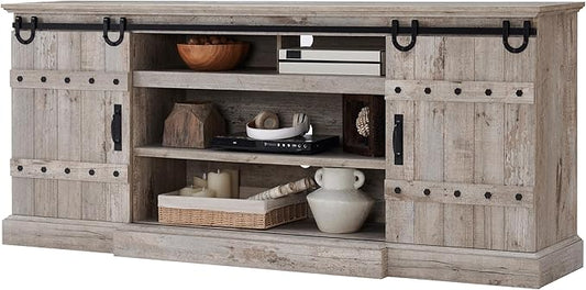 OKD 75" Farmhouse TV Stand for TVs Up to 85 Inches, Large Rustic Entertainment Center with Sliding Barn Door, Tall Highboy Media Console Table with Storage Cabinet for Living Room, Light Rustic Oak