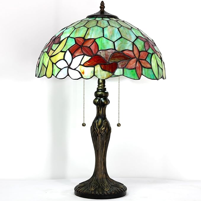Tiffany Table Lamp Stained Glass Lamp 16X16X24 Inch Antique Reading Light (Green Red Flowers)