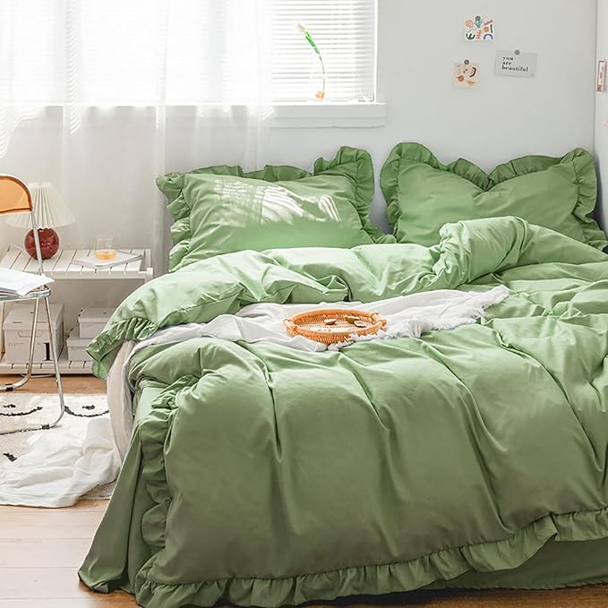 Luxlovery Sage Green Ruffle Comforter Set Queen Light Green Farmhouse Bedding Comforter Set Full Shabby Chic Solid Blanket Quilts Soft Breathable Vintage Bedding Set