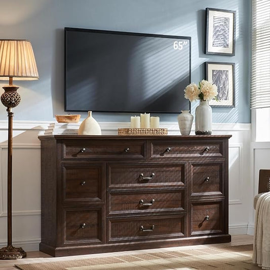 Farmhouse 9 Drawers Dresser for Bedroom, 60" Wide Wood Rustic Chest of Drawers, Large Storage Dressers Organizer for Bedroom, Living Room, Hallway, Dining Room-Brown