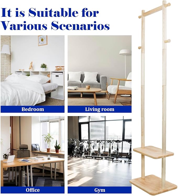 Wooden Coat Rack Freestanding,Hall Tree with Sturdy Base,Clothing Rack for Hanging Clothes,Small Clothes Rack with 3 Storage Shelves,Space Saving for Entryway, Hallway, Bedroom (Natural)