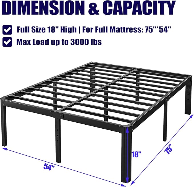 18in Full Size Bed Frame No Box Spring Needed, Heavy Duty Metal Platform Bed Frame Full with Round Corners, Easy Assembly, Noise Free, Black