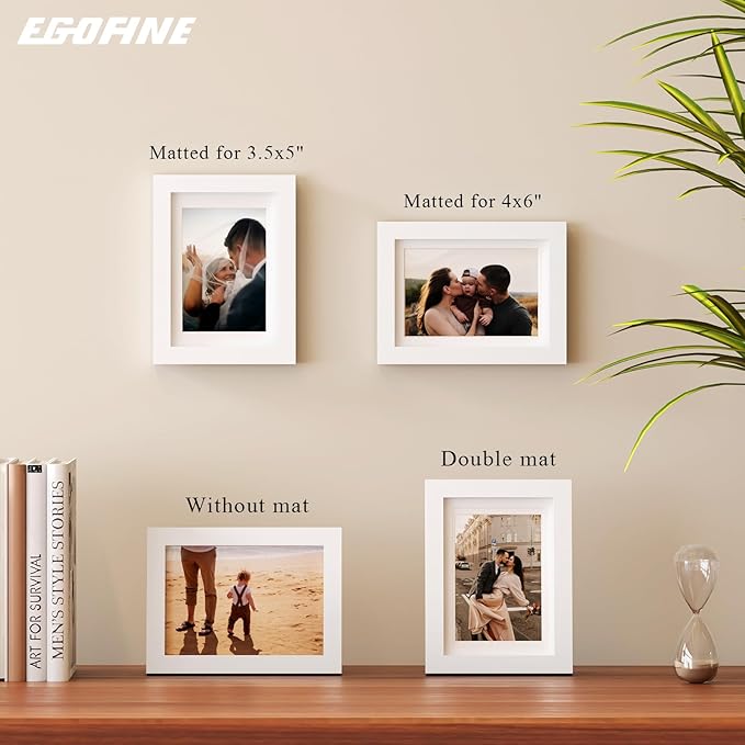 Egofine 5x7 Picture Frame Made of Solid Wood, Covered by Plexiglass Display Pictures 3.5x5/4x6 with Mat or 5x7 Without Mat for Table Top Display and Wall Mounting Photo Frame, White