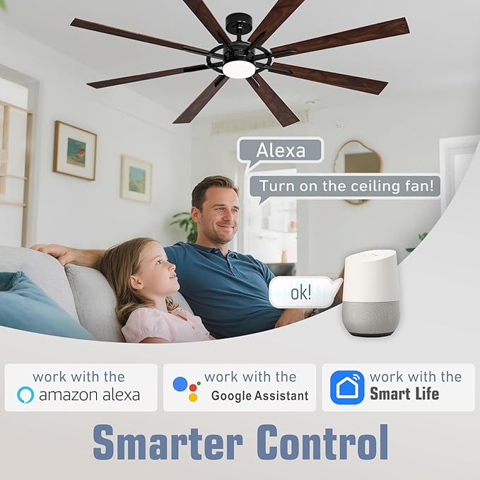 72 Inch Smart Ceiling Fan with Light and Remote, Black Ceiling Fan with Quiet Reversible DC Motor, Control Via WiFi Alexa App, 3CCT Dimmable Large Indoor/Outdoor Ceiling Fans for Patio Garage