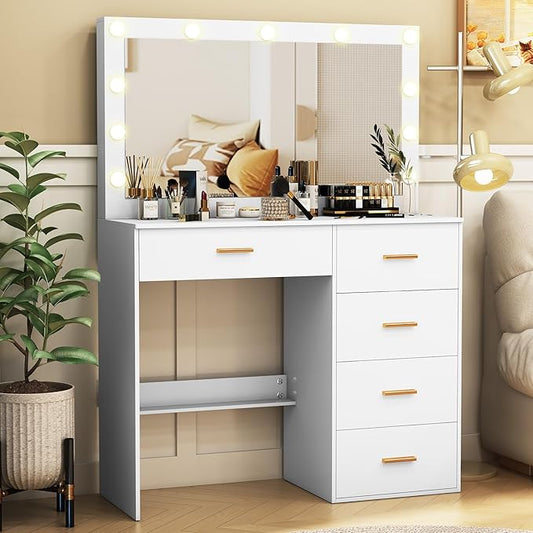 Vanity Desk with Mirror and Lights, Dressing Table with Drawers, 3 Colors Lighting Adjustable Brightness, Makeup Table with Large Mirror for Girls, Women