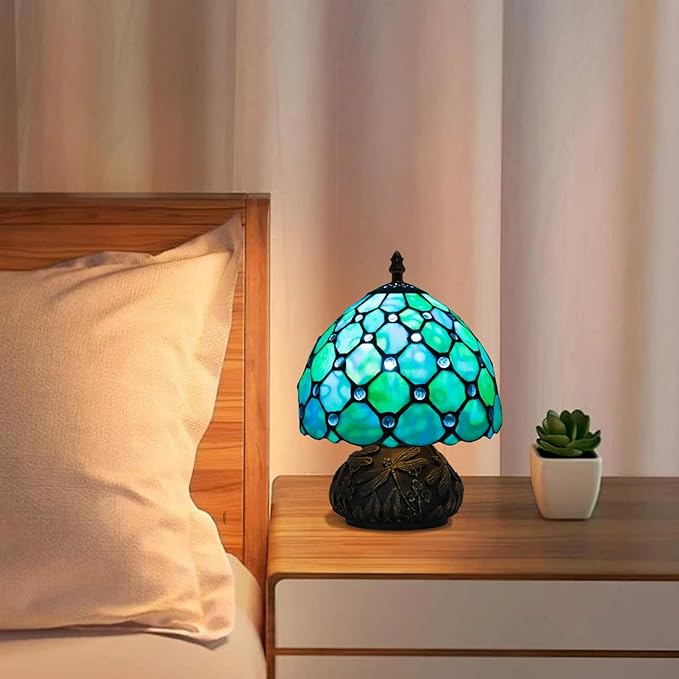 Small Tiffany Stained Glass Lamp, 3 Color Temperatures Bedside Lamp, 8 Inch Blue Pearl Beads Style Mushroom Desk Light for Bedroom Living Room Office Home Decor (Blue)