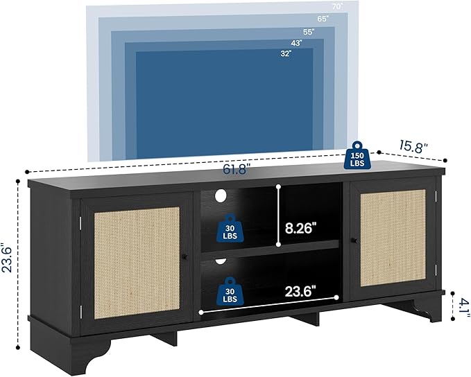 GAOMON Rattan TV Stand Fits TVs Up to 70 Inches, Farmhouse Entertainment Center with Cabinets and Open Shelves, Wooden Media Console Table for Living Room, Black