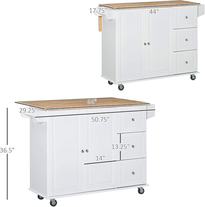HOMCOM Mobile Kitchen Island Storage Trolley Cart on Wheels with Dropleaf Top, Towel/Spice Rack, 3 Drawers, 2-Door Cabinet, White