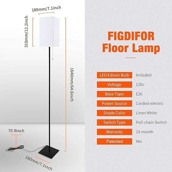 Floor Lamp for Living Room, Modern Standing Lamp Tall Lamp with Linen Shade, Simple Design Stand Up Lamp for Bedroom, Office, Kids Room, Reading, Working,Black (LED Bulb Included)