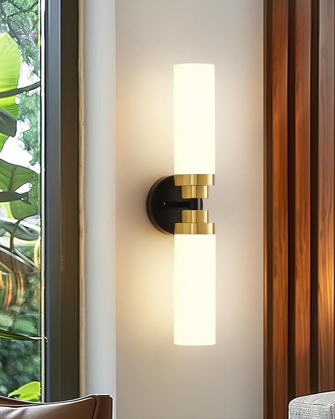 Emak Modern 22 Inch Bathroom Light Fixtures Over Mirror, Black Gold Vanity Lights with Milk Glass Shade, 2-Light Wall Sconce for Bathroom, Bedroom, Hallway, VL085-BKBGD-ML-2