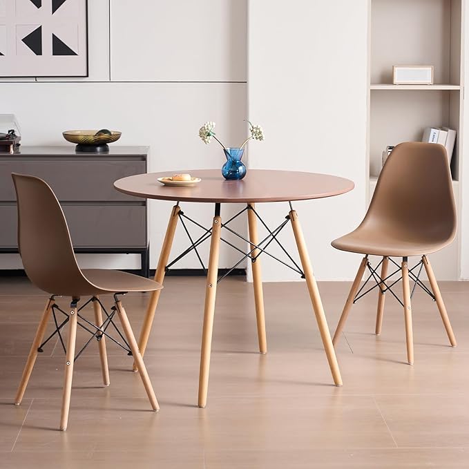 31.5'' 5 Piece Round Dining Table Set for 4, Mid-Century Modern Table with Chairs, Space Saving, Plastic Seats, Wood Legs, Circle Dinner Table for Kitchen, Home, Apartment, Brown