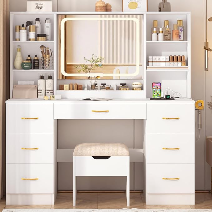 47 inch Large Vanity Desk w/ 7 Drawers,Cushion Stool,Outlet,6 Shelves,White Make up Vanity Table Set 3 Lighting Modes Brightness for Bedroom Dressing Room