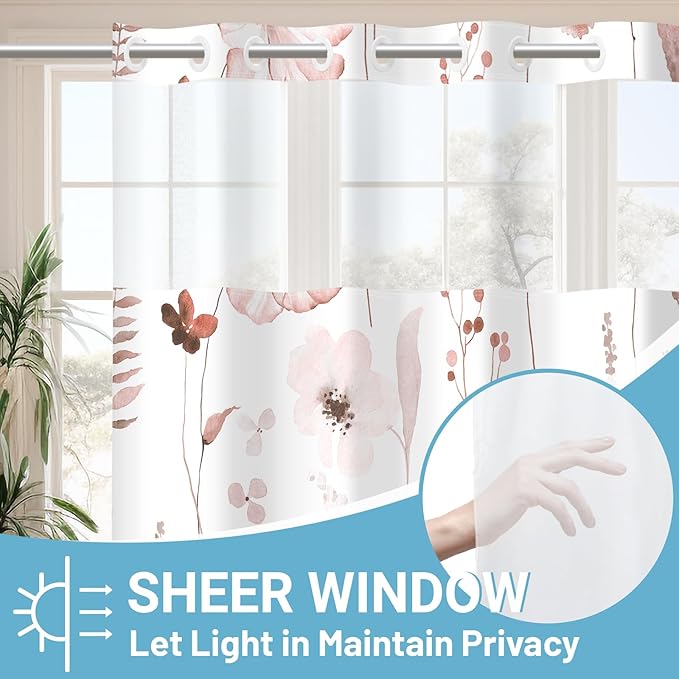 No Hook Shower Curtain with Snap in Liner - Floral Shower Curtain - Fabric Waterproof Inner Liner, Plants Watercolor Blush Modern Cloth Shower Curtains - Machine Washable, 71 x 74