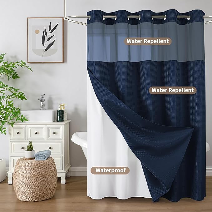 Colorful Star No Hook Shower Curtain with Snap in Fabric Liner, Waffle Weave Heavy Duty Thick Shower Curtains with Mesh Top Window, Hotel Style Waterproof Bathroom Curtain Set, 72 x 81 Inch, Navy Blue