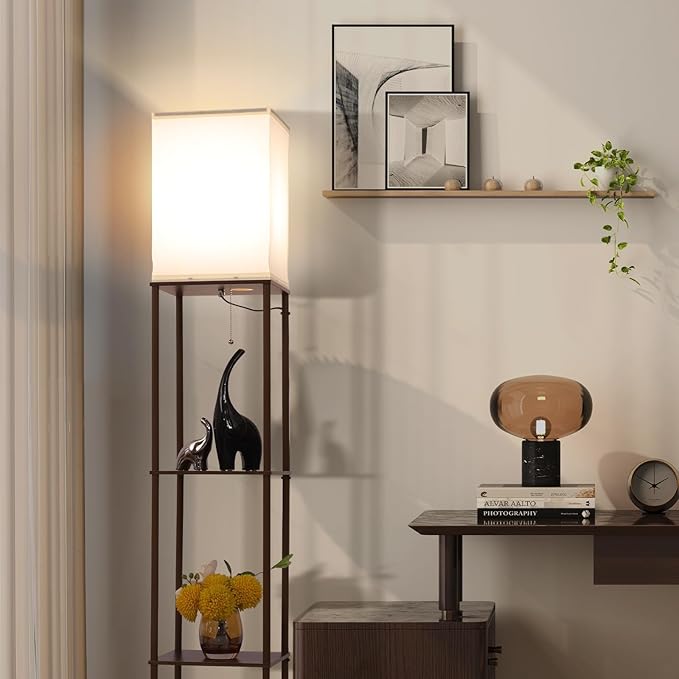 Floor Lamp with Shelves, Modern Square Standing Lamp with 3-Color Remote Control Dimming Bulb, Corner Display Bookshelf Lamp for Living Room, Bedroom and Office (brown-9YK)