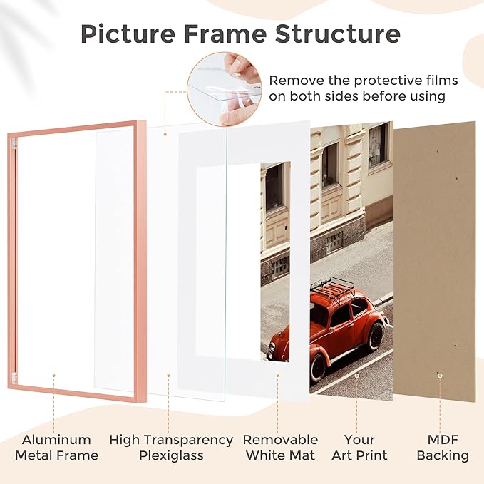 5x7 Picture Frame | 5x7 Metal Frame With Mat For 4x6 | 5 x 7 Aluminum Photo Frame | Plexiglass And Hanging Hardware Included | 5 By 7 Picture Frame | 3Pcs, Rose Gold