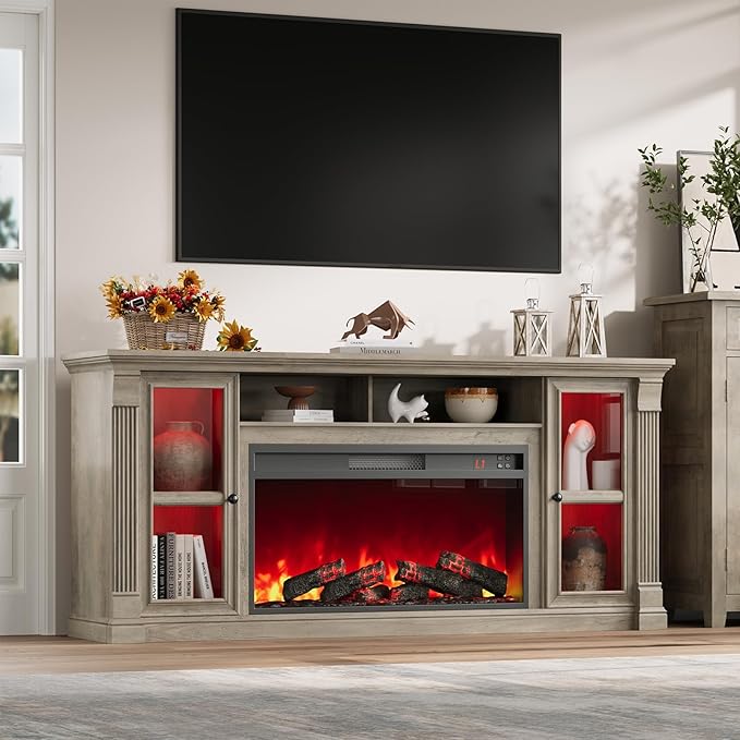 Farmhouse Fireplace TV Stand Up to 80" TVs, 70" Modern Highboy Entertainment Center with 36" Electric Fireplace & LED Lights, Media Console with Adjustable Shelves for Living Room, Gray