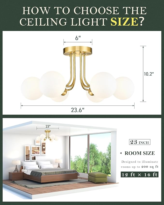 Gold Flush Mount Ceiling Light in Modern Farmhouse Design Features 6 Frosted Glass Shades, Perfect for The Living Room, Bedroom, Or Dining Room. Model:CKCL4845-6W-PG