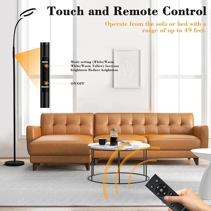 LED Floor Lamp, 12W/1000LM Reading Light, 3 Color Temperatures Bright Floor Lamp, Adjustable Gooseneck Standing Lamp with Remote & Touch Control for Living Room, Bedroom, Office(Black)