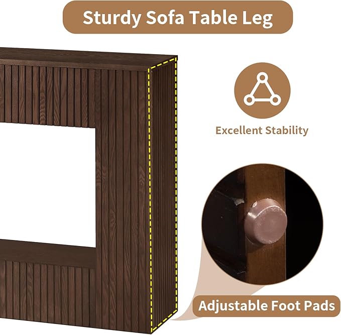 55.12" Wood Console Table for Entryway, Narrow Long Real Wood Fluted Design Sofa Tables Behind Couch Table Entryway Tables with 2-Tier Storage Shelves for Living Room, Hallway, Foyer, Walnut