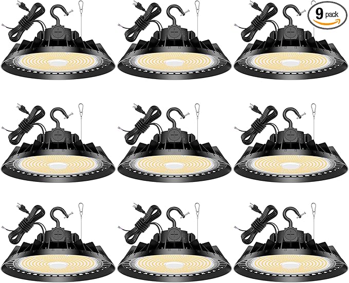 9Pack LED High Bay Lights, 300W UFO High Bay LED Shop Lights, 45000LM Adjustable CCT(5700K 5000K 4500K) & Power(300W 240W 200W), 0-10V Dimmable, 5' Cable Plug, IP65 Waterproof, ETL & DLC Listed