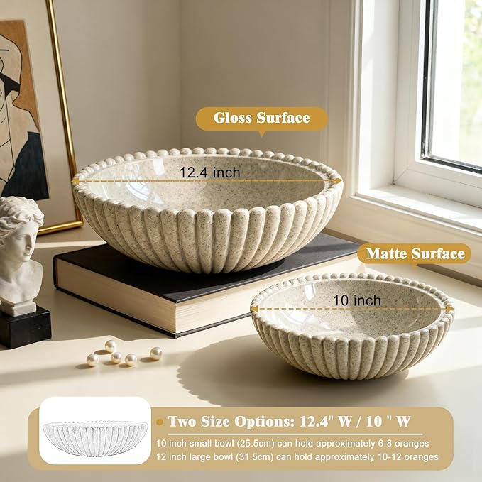 Large Decorative Bowl for Home Decor 12 Inch Resin Fruit Bowl Sandstone Ruffle Key Bowl for Coffee Table Shallow Centerpiece Bowl Catch All Bowl for Kitchen Counter, Entryway, Living Room