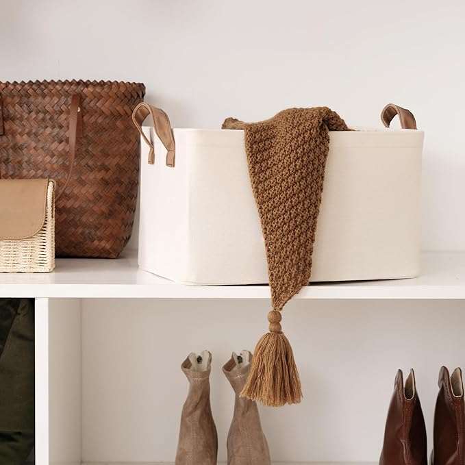 StorageWorks Storage Bins, Fabric Storage Bins for Shelves, Storage Baskets with Metal Frame, Closet Baskets and Bins with Handles, Natural Color, 2-Pack