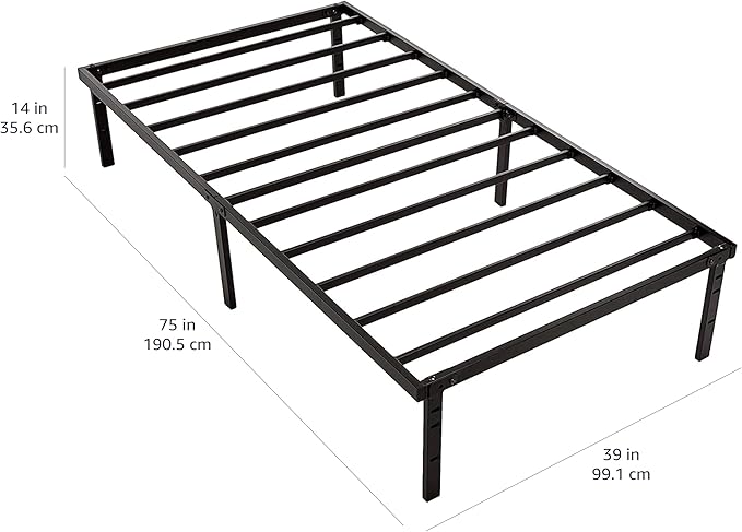 Amazon Basics Sturdy Heavy-Duty Non-Slip Platform Bed Frame Twin Size Storage, Steel Slat Support, Noise Free, Easy Assembly, 14 Inch Black