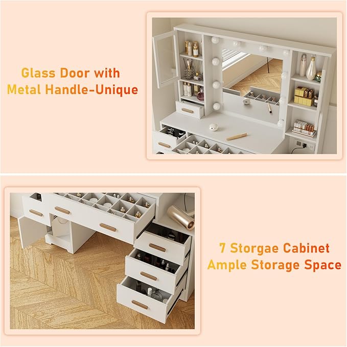 DYHOME Makeup Vanity Desk with Mirror and Lights & Charging Station, White Vanity Desk with 3 LED Light Modes, Make up Vanity Table with 7 Drawers & 3 Cabinets for Bedroom