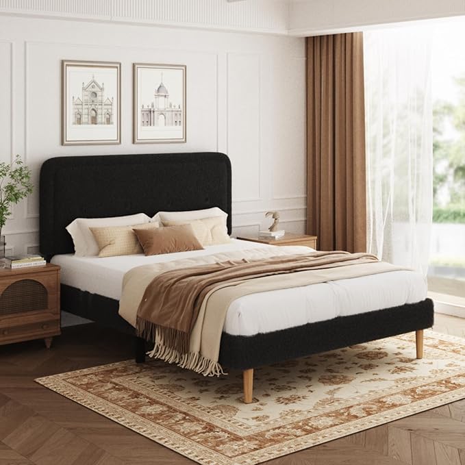 Full Size Boucle Platform Bed Frame, Anti-Collision Soft Rounded Corners, Adjustable Headboard, No Box Spring Needed, Easy Assembly, Noise Free, Dark Grey