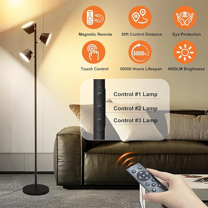 42W 4500 Lumens Super Bright LED Tree Floor Lamp for Living Rome with Remote & Touch Control, 4 Color Temperatures, Modern Stepless Dimmable 3 Rotatable Light Standing Floor Lamps for Bedroom, Black