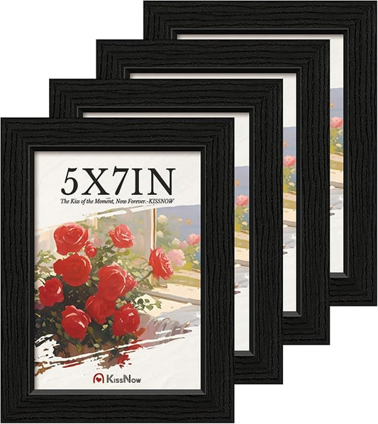 5x7 Picture Frame 4 Pack, Black Solid Wood Gallery Photo Frame, Wall Hanging or Tabletop Display