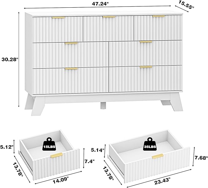 Fluted Dresser for Bedroom with 7 Drawer, Mid Century Modern Chest of Drawers, 48" Wide Natural Wood Dresser for Closet, Wooden Boho Chest Closet Storage TV Stand for Bedroom, White