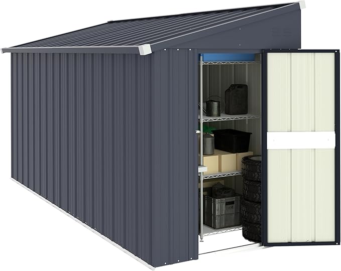 MUPATER 4×10 FT Storage Shed for Outdoor,Lean-to Shed Kit with Thickened Galvanized Steel, Metal Tools Shed with Lockable Door and Air Vents for Patio Garden, Grey