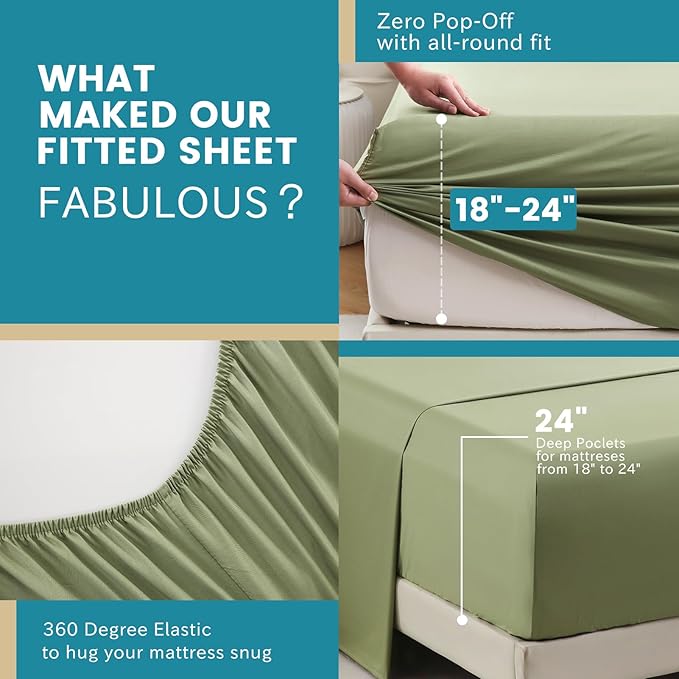 Bedlifes King Sheet Set, Extra Deep Pocket 18-24 Inches,1000Thread Count 100% Egyptian Cotton, Soft and Breathable Sateen 4-Piece,Olive Green