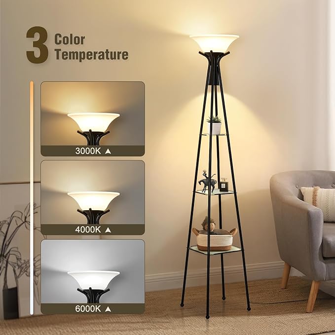 Floor Lamp with Shelves, 69” Tall Torchiere Floor Lamps for Living Room, 3-Tier Glass Shelf Lamp, Black Standing Lamp with Plastic Shade, Lamps for Bedroom, Office, 3 Color Temperatures Bulb Include