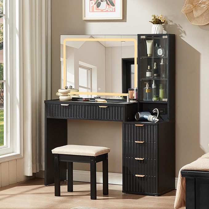 LEYAOYAO Black Vanity Desk with Mirror and Lights with Stool, 43.5'' Fluted Makeup Vanity with 6 Drawers and Adjustable Shelves,Wood Make Up Vanity Set with Glass Top and Power Outlet for Bedroom