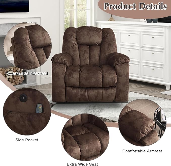 CANMOV Power Lift Recliner Chair with Massage and Heat for Elderly, Overstuffed Wide Recliners, Heavy Duty and Safety Motion Reclining Mechanism with USB Ports, 2 Concealed Cup Holders, Chocolate