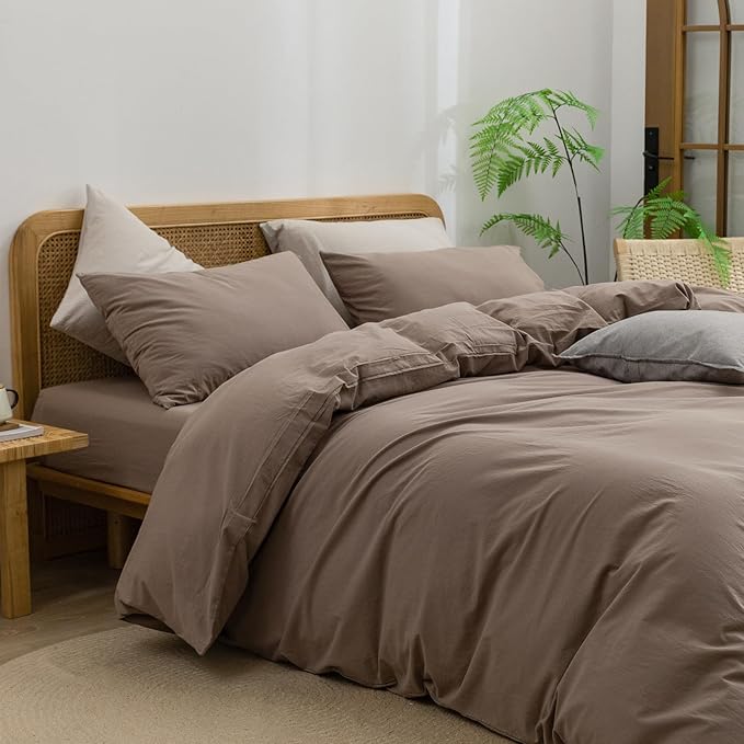 BESTOUCH Duvet Cover Set 100% Washed Cotton Linen Feel Super Soft Comfortable Chic Lightweight 3 PCs Home Bedding Set Solid Pine Bark Brown Oversized Queen