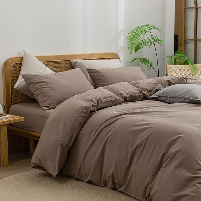 BESTOUCH Duvet Cover Set 100% Washed Cotton Linen Feel Super Soft Comfortable Chic Lightweight 3 PCs Home Bedding Set Solid Pine Bark Brown Queen