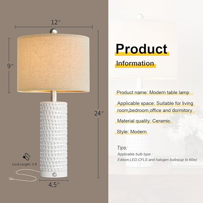 PORTRES 24" Modern Ceramic 3-Way Dimmable Touch Table Lamp Set of 2 for Bedroom White Farmhouse Bedside Lamps with USB A+C Charging Ports for Living Room Nightstand Lamp End Table Lamps