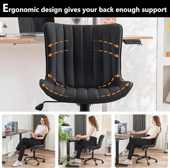 YOUNIKE Black Compact Home Office Desk Chair with Wheels Comfy Armless Cute Vanity Chair with Adjustable Rocking Back Modern Leather Upholstered Rolling Swivel Small Task Drafting Sewing Chair