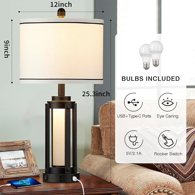 25" Modern Table Lamps Set of 2, Industrial Beside Lamps with USB A+C Charging Ports & AC Outlet, Nightstand Lamp with Glass Night Light for Living Room Bedroom End Table Decor White(4 Bulbs Included)