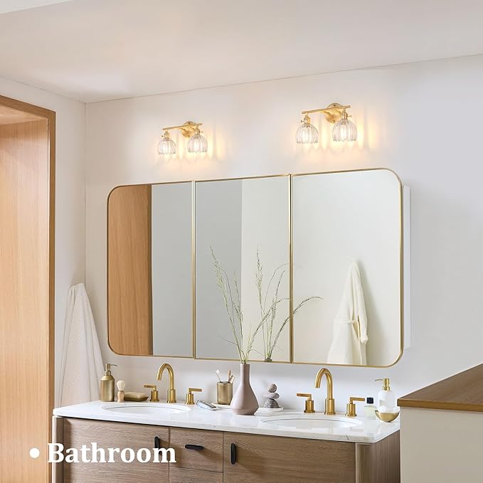 Bathroom Light Fixtures, 2-Light Brass Vanity Wall Light Over Mirror with Clear Tulip Glass Shade for Bedroom Living Room
