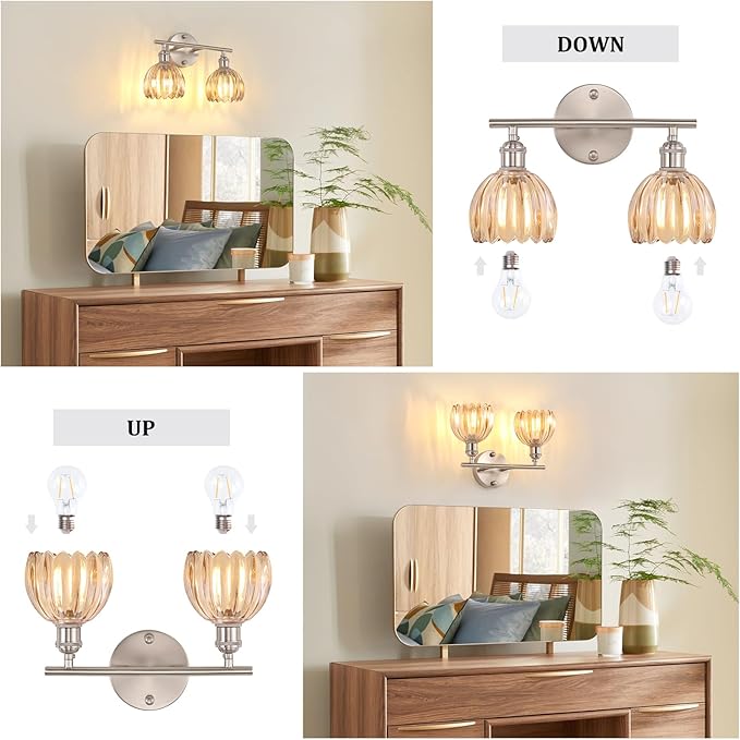 Bathroom Light Fixtures, 2-Light Vanity Wall Light Over Mirror with Amber Tulip Glass Shade for Bedroom Living Room, Satin Nickel