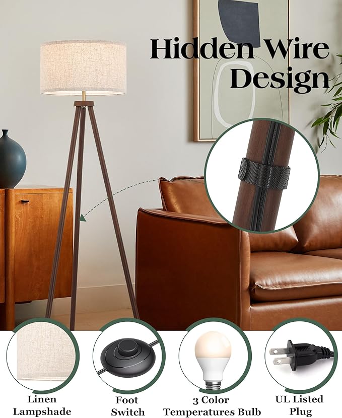 ELYONA Wood Tripod Floor Lamp Brushed Brass Metal & 3 Color Temperatures LED Bulb Vintage Wooded Standing Lamp Industrial Tall Light for Living Room Bedroom Office Beige Linen Shade Dark Brown & Gold