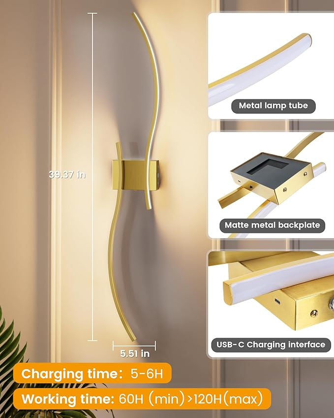 NIORSUN 39.4 Inch Battery Operated Wall Sconce Set of 2, Gold Modern Rechargeable Wall Lights with Remote, 3CCT Dimmable Wireless Wall Lamp for Living Room Bedroom Hallway