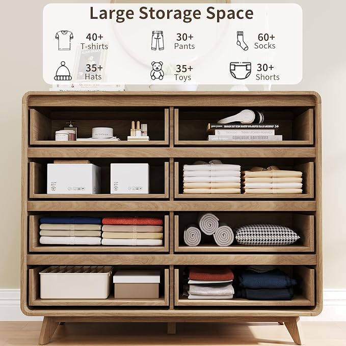 Fluted Dresser for Bedroom, Wide 8 Drawers Dresser, Chests of Drawers with Grille & Curved Design, Dressers Slides Pre-Installed, Large Wood Drawer Organizer for Bedroom Hallway, Natural Oak